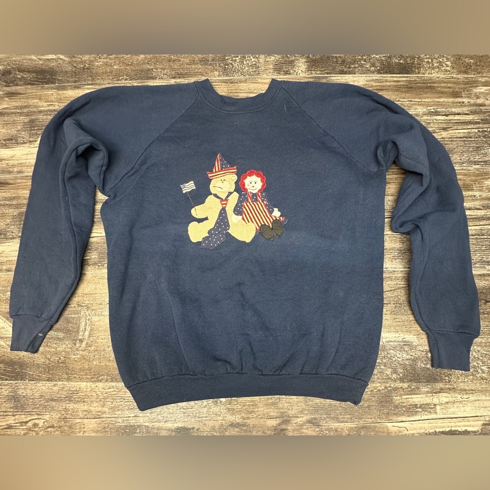 Vintage Crewneck Sweatshirt - USA Patriotic Teddy Bear & Doll -  Size XL